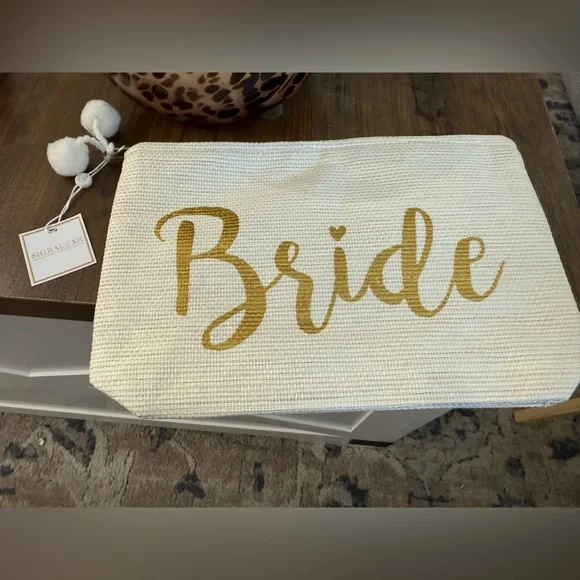 Shiraleah Cream Bridal Cosmetic Pouch with Gold Logo - Picture 1 of 3